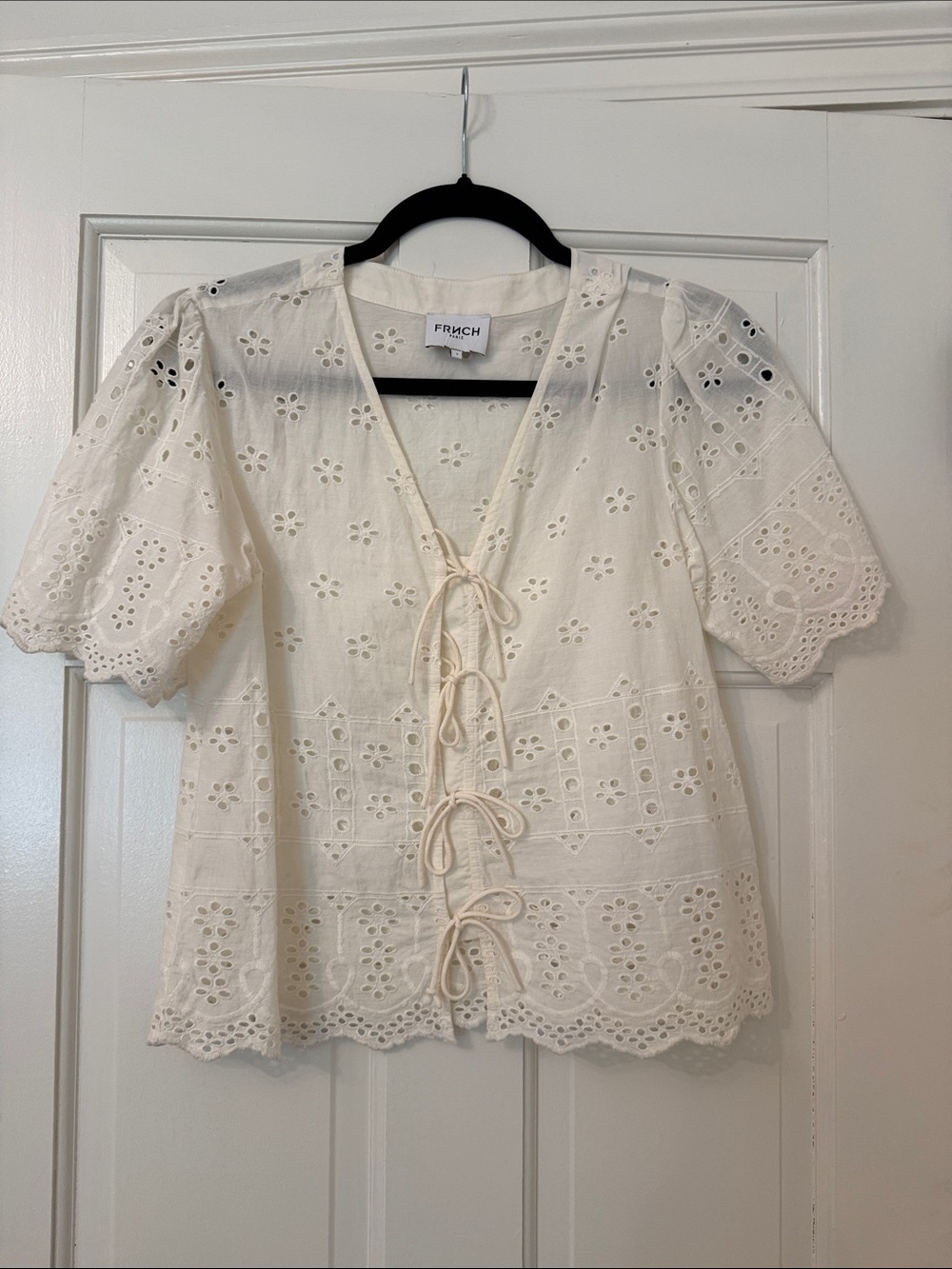 FRNCH Cream Eyelet Lace-Up Peasant Blouse